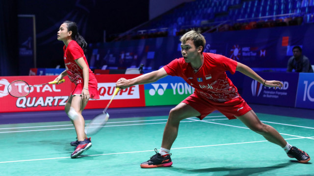 Ganda campuran Indonesia, Rinov Rivaldy/Pitha Haningtyas Mentari, di France Open 2019.
 Foto: Dok. PBSI