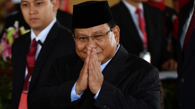 Menteri Pertahanan Prabowo Subianto usai pelantikan menteri Kabinet Indonesia Maju di Istana Negara, Jakarta, Rabu (23/10/2019). Foto: AFP/Adek Berry