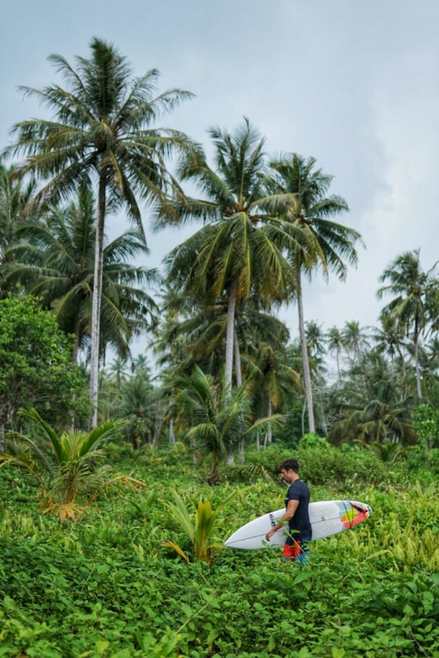 Salah seorang turis berjalan melewati kebun kelapa menuju ke Pantai Matanurung. Foto: Ahmad Ariska/acehkini