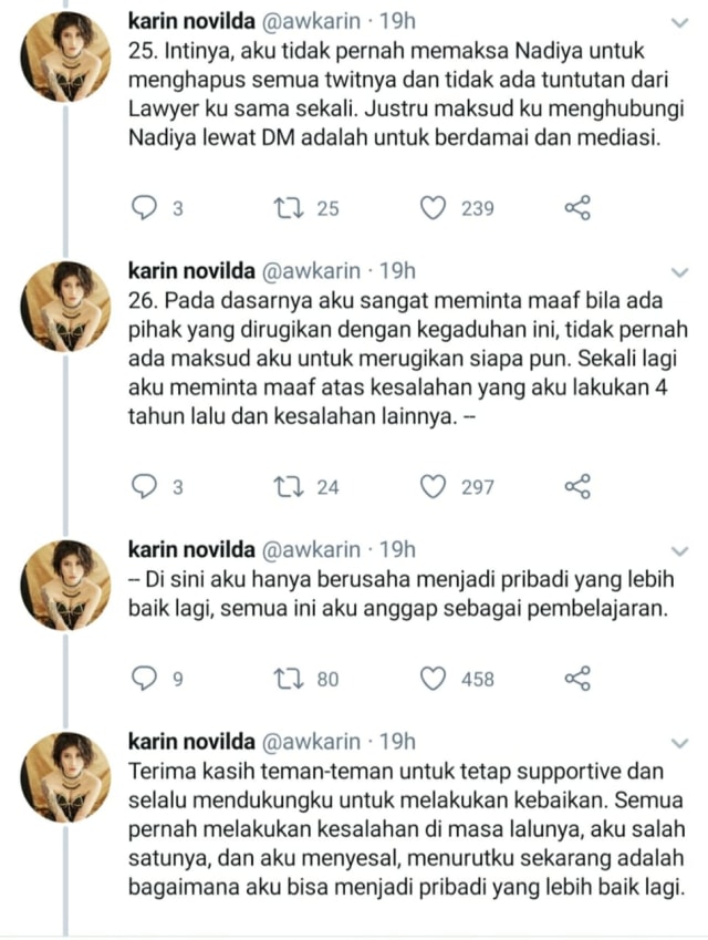 Tangkapan layar klarifikasi Awkarin soal kasusnya dengan ilustrator. (Foto: Twitter @awkarin)