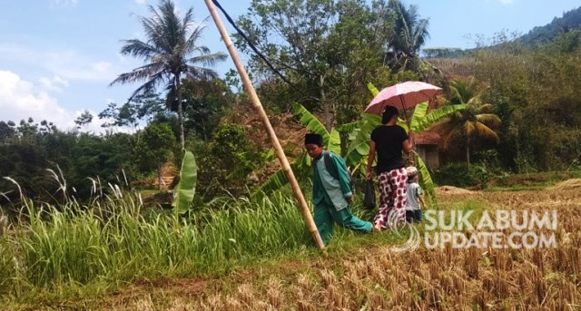 Warga berjalan di pematang sawah setelah jalan di Kampung Sindangresmi RT 04/02, Desa Karang Tengah, Kecamatan Cibadak, Kabupaten Sukabumi, putus akibat longsor, Rabu (6/11/2019). | Sumber Foto:CRP 4.