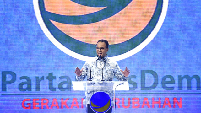 Gubernur DKI Jakarta Anies Baswedan memberikan pidato pada pembukaan Kongres II Partai NasDem, Jakarta, Jumat (8/11/2019).  Foto: ANTARA FOTO/Hafidz Mubarak A