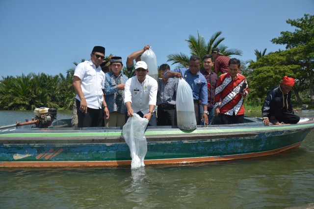 Hidayat Lamakarate (kemeja putih/topi) pada acara penebaran benih (restocking ) ikan nila di Danau Talaga, Desa Talaga, Kecamatan Dampelas, Kabupaten Donggala, Sulawesi Tengah, Jumat (8/11). Foto: Humas Pemprov Sulteng