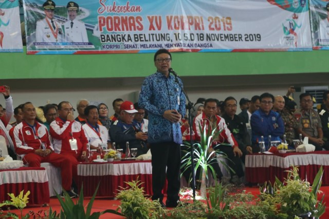 Menteri Dalam Negeri, Tjahjo Kumolo saat hadir dalam pembukaan Pornas XV Koppri 2019, di Pangkalpinang, Provinsi Bangka Belitung. (Ist)