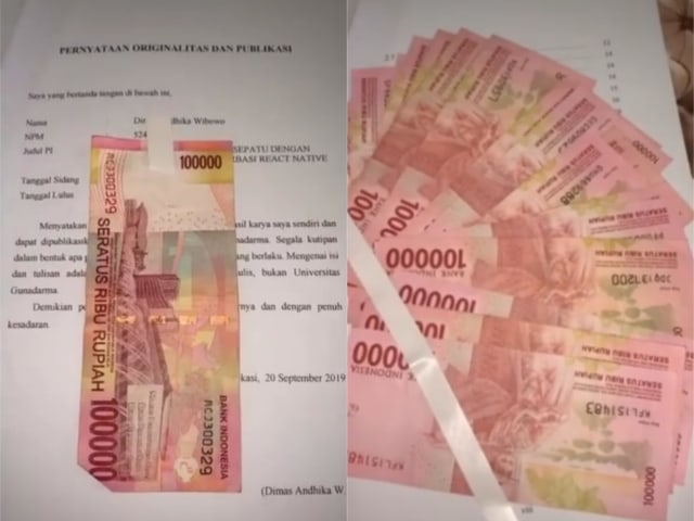 Video parodi meletakkan uang di dalam skripsi saat bimbingan. (Foto: tangkapan layar Instagram @dimmasaw)