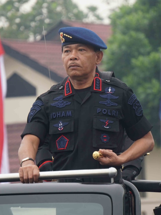 Kapolri Jenderal Pol Idham Azis inspeksi upacara peringatan HUT ke-74 Korps Brimob Polri di Mako Brimob, Depok, Jawa Barat. Foto: Irfan Adi Saputra/kumparan 