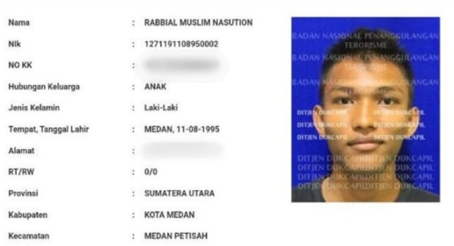 Identitas terduga pelaku bom bunuh diri di Mapolrestabes Medan. Foto : Istimewa