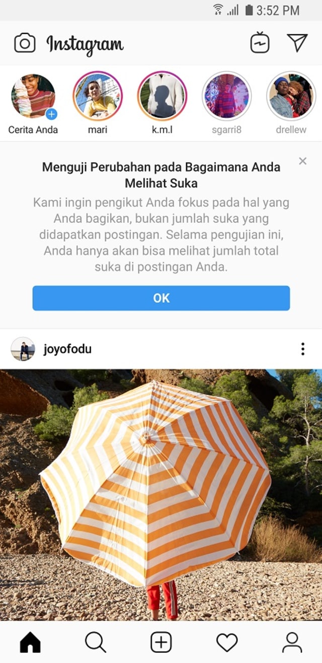 Fitur sembunyikan jumlah like di Instagram. Foto: Instagram