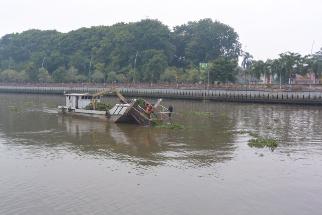 Kapal Sapu-Sapu membersihkan enceng gondok di Sungai Martapura, Kota Banjarmasin, Jumat (15/11/2019). Foto: Syahbani/banjarhits.id