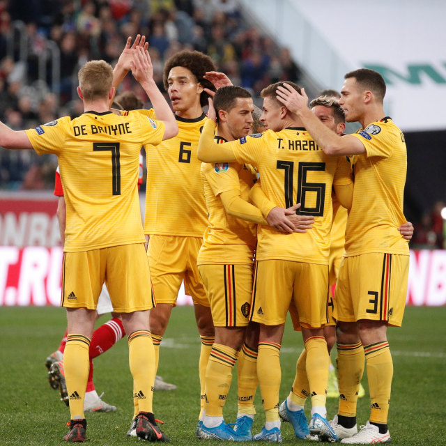 Para pemain Belgia merayakan gol ke gawang Rusia. Foto: REUTERS/Anton Vaganov