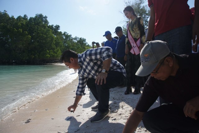 Bupati Kepulauan Sula Hendrata Thes dan rombongan saat melepaskan tukik pada pembukaan Festival Tanjung Waka 2019. Foto: Genpi Malut