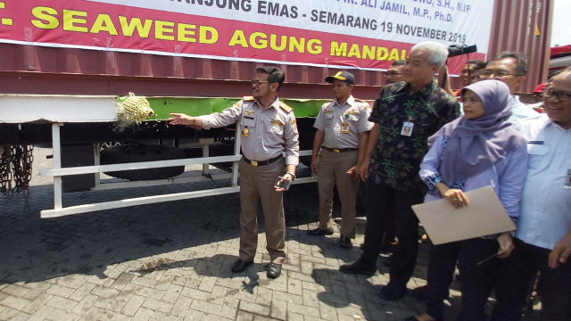 Menteri Pertanian Syahrul Yasin Limpo dan Gubernur Jateng Ganjar Pranowo mengecek komoditas Porang dalam bentuk chip yang akan di ekspor ke Tiongkok. Foto: Afiati Tsalitsati/kumparan