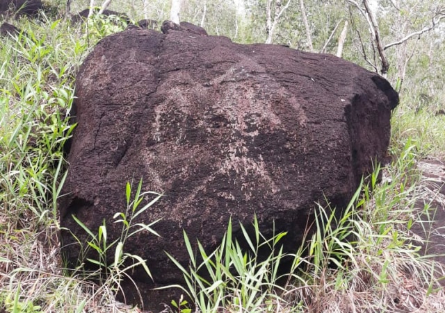 Situs Megalitik Tutari terdapat lukisan yang dihasilkan dengan cara menggores batu berjenis batuan beku peridiotit. (Foto dok Balai Arkeologi Papua)
