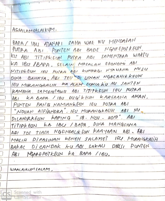 Surat yang ditinggalkan bersama seorang bayi di depan rumah warga di Kabupaten Bandung Barat, Kamis (21/11). Foto: Dok. Istimewa