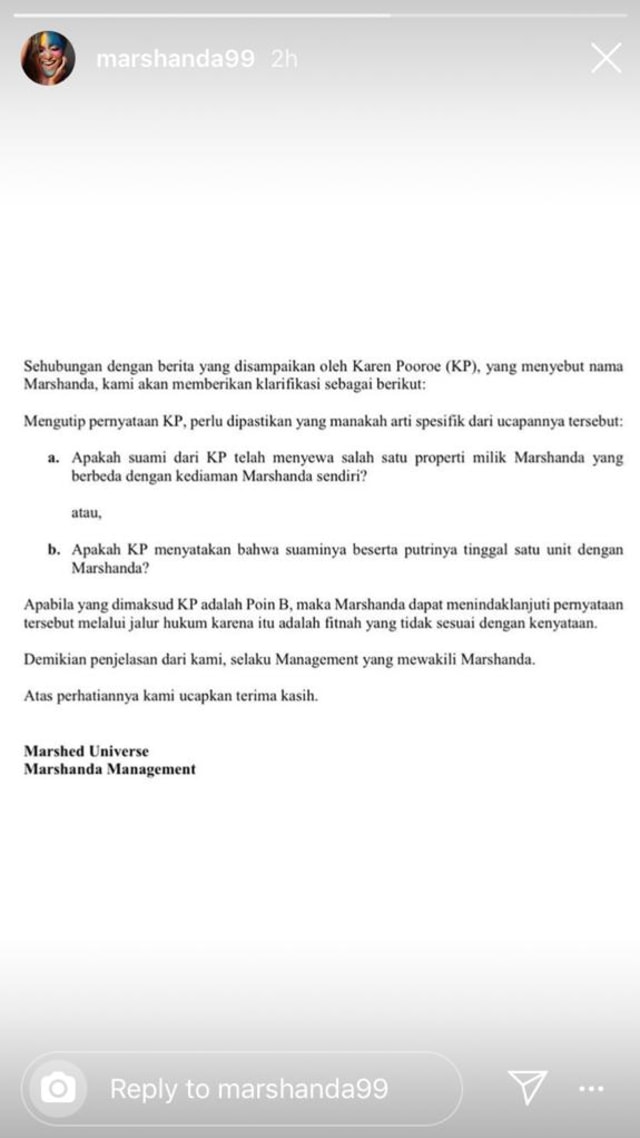 PTR, Klarifikasi pihak manajemen Marshanda