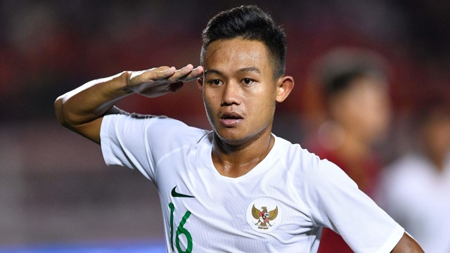Pemain Timnas U-22 Indonesia Sani Riski melakukan selebrasi seusai mencetak gol ke gawang Timnas Vietnam dalam pertandingan Grup B SEA Games 2019. Foto: ANTARA FOTO/Sigid Kurniawan
