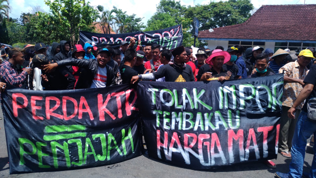 Ribuan petani tembakau geruduk kantor  Bupati Temanggung, menolak rencana pembuatan kawasan tanpa rokok (KTR), Senin (2/12/2019). Foto: ari.