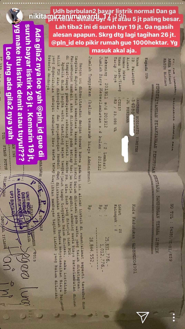 Screenshot tagihan listrik Nikita Mirzani