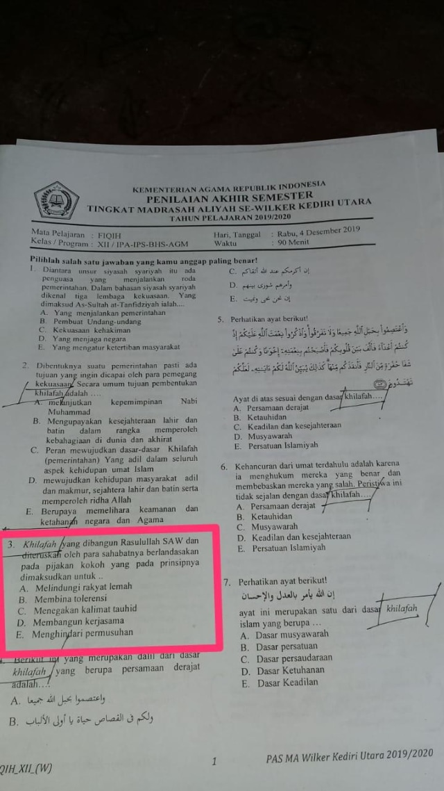 Soal fiqih Penilaian Akhir Semester tingkat Madrasah Aliyah di Kediri.