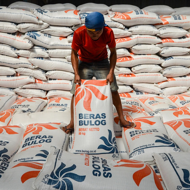 Pekerja melakukan bongkar muat beras di Gudang Bulog.

 Foto: ANTARA FOTO/Raisan Al Farisi