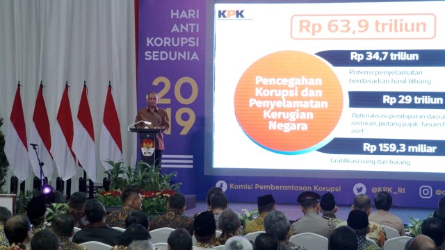 Ketua KPK Agus Raharjo memberikan pidato pada Peringatan Hari Anti Korupsi Sedunia di Gedung KPK, Jakarta, Senin (9/12). Foto: Helmi Afandi/kumparan