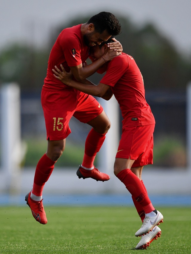 Selebrasi pemain timnas U-23 Indonesia usai mencetak gol ke gawang Laos pada SEA Games 2019 Filipina di Stadion City of Imus Grandstand, Filipina.  Foto: ANTARA FOTO/Sigid Kurniawan