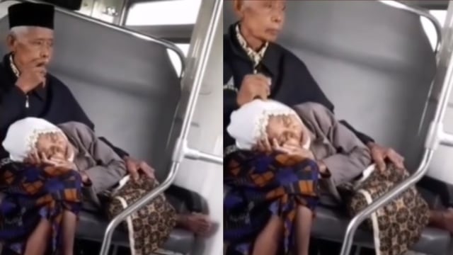 Si nenek tertidur di pangkuan sang kakek. Foto: Instagram/@jelajahsolo