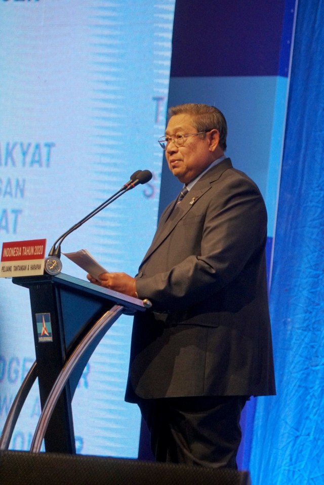 Ketua Umum Partai Demokrat Susilo Bambang Yudhoyo saat memberikan pidato Refleksi Pergantian Tahun Partai Demokrat. Foto: Helmi Afandi Abdullah/kumparan