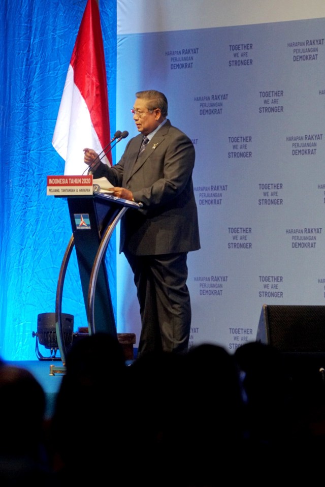 Ketua Umum Partai Demokrat Susilo Bambang Yudhoyono saat memberikan pidato Refleksi Pergantian Tahun Partai Demokrat. Foto: Helmi Afandi Abdullah/kumparan