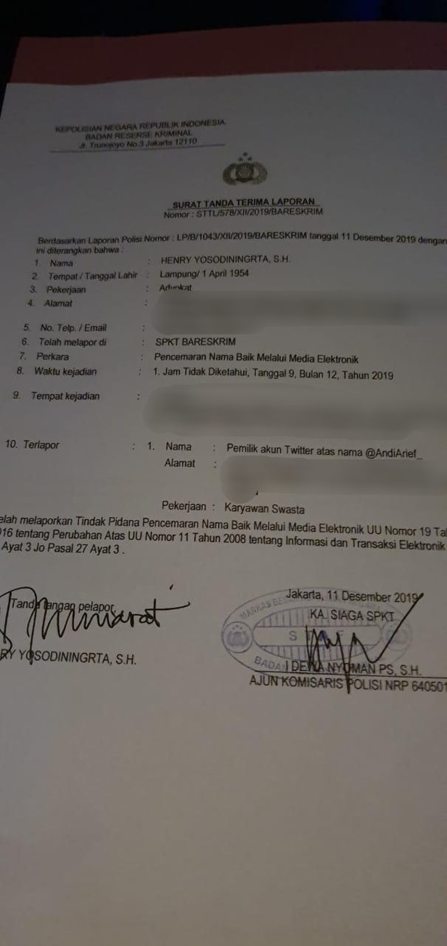 Surat pelaporan Rocky Gerung di Bareskrim Polri