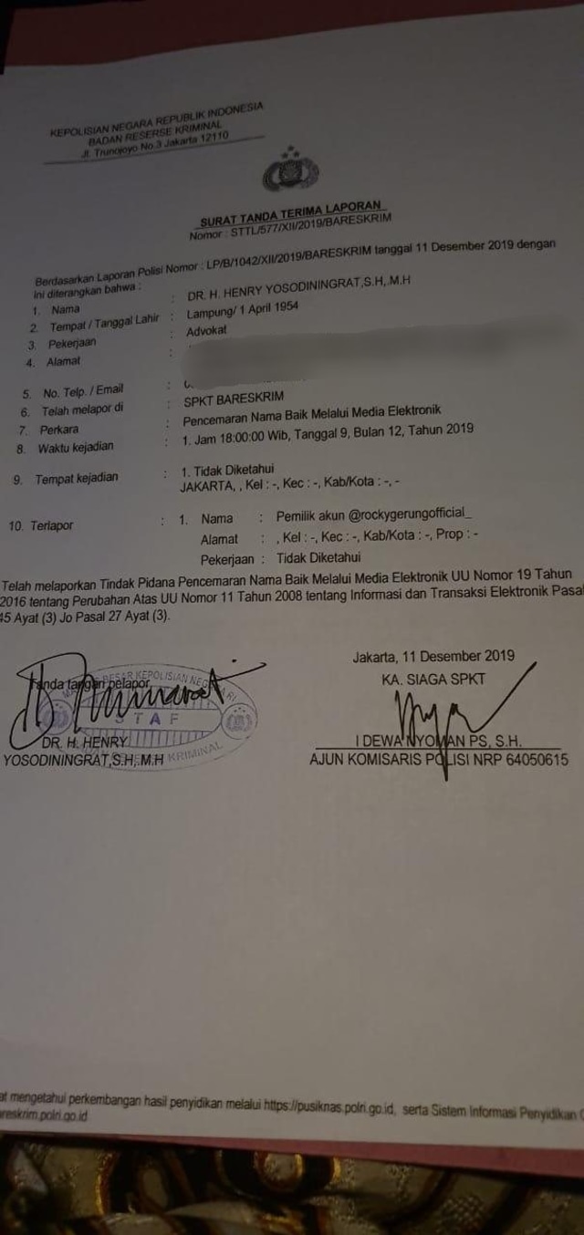 Surat pelaporan Andi Arief di Bareskrim Polri