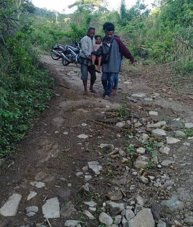 Ibu Hamil, Karolina Karo yang terpaksa digotong saat melewati jalan rusak di Desa Lise Lande, Kabupaten Ende. Foto: istimewa. 