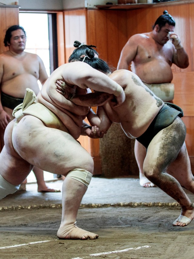Pegulat sumo mencoba untuk mendorong satu sama lain keluar dari ring atau "dohyo" selama sesi pelatihan, di Tokyo. Foto: AFP/BEHROUZ MEHRI