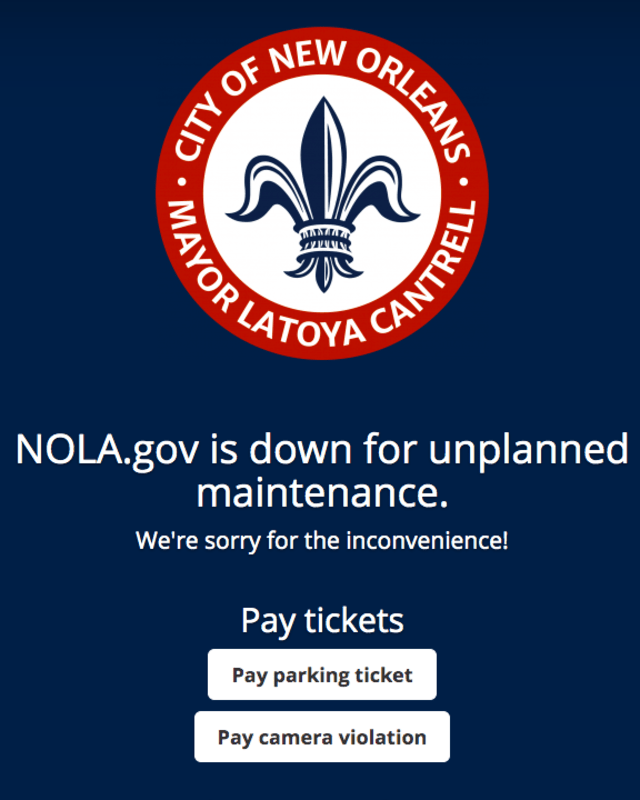 Situs web pemerinta kota New Orleans, nola.gov, tumbang sejak Jumat, 13 Desember, hingga Minggu malam, 15 Desember 2019. Foto: Dok. Istimewa