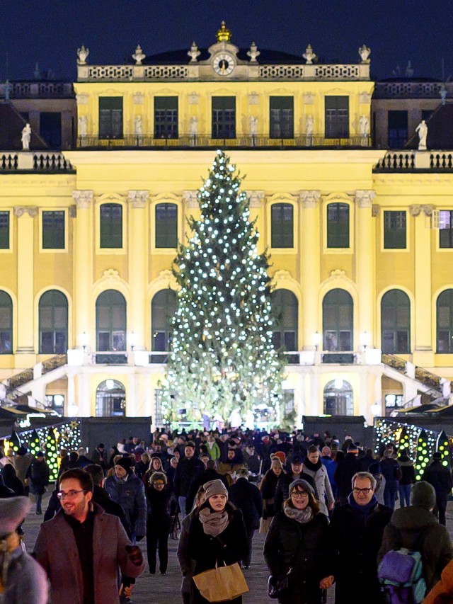 Pengunjung menjelajahi pasar Natal di depan balai kota Wina di Wina, Austria. Foto: AFP/JOE KLAMAR