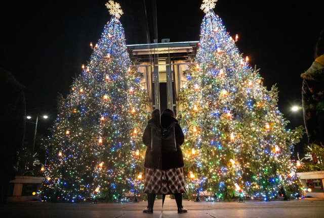 Pengunjung menjelajahi pasar Natal di depan balai kota Wina di Wina, Austria. Foto: AFP/JOE KLAMAR