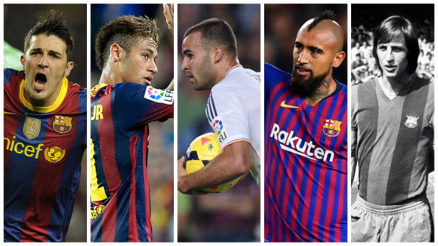 Pemain-pemain yang menjalani debut hebat di El Clasico: Villa, Neymar, Jese, Vidal, Cruyff. Foto: AFP/Composite