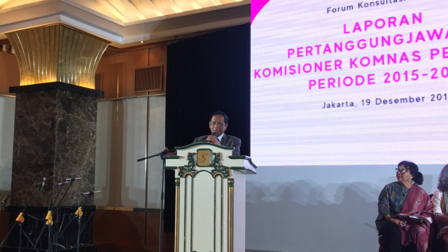 Menkopolhukam Mahfud MD di acara laporan pertanggungjawaban komisioner komnas perempuan di Hotel Sahid, Jakarta Pusat, Kamis (19/12). Foto: Darin Atiandina/kumparan