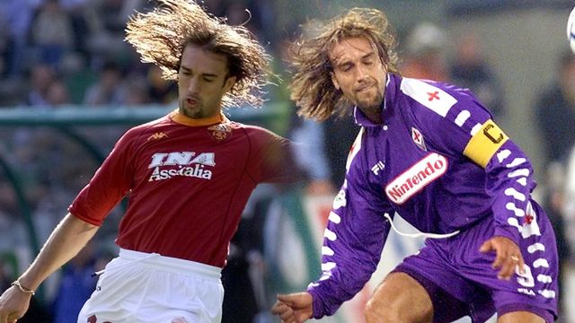 Gabriel Batistuta saat berjersi AS Roma dan Fiorentina. Foto: AFP/GABRIEL BOUYS dan AFP/GERARD JULIEN