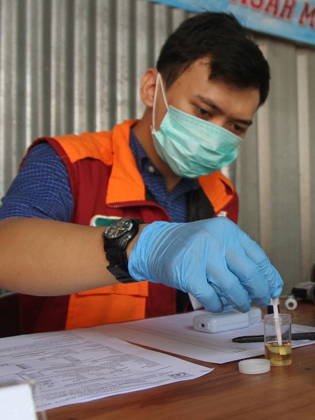 Petugas mengecek urin sopir dan awak bus antar kota antara provinsi (AKAP) saat diperiksa kesehatannya di Terminal Lebak Bulus, Jakarta Selatan. Foto: Iqbal Firdaus/kumparan