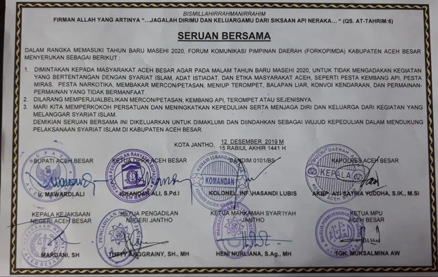 Seruan Bersama Forkopimda Kabupaten Aceh Besar dalam rangka memasuki tahun baru 2020. Foto: Dok. Website Pemkab Aceh Besar