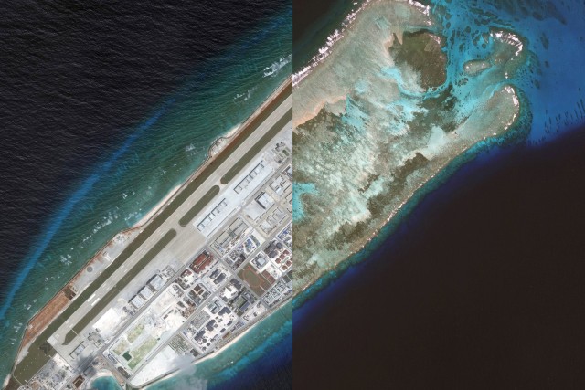 Foto satelit pulau buatan Fiery Cross Rief. Foto sebelah kanan diambil 15 Januari 2013 dan Foto sebelah kiri diambil pada 9 Maret 2017.  Foto: Maxar/ via REUTERS