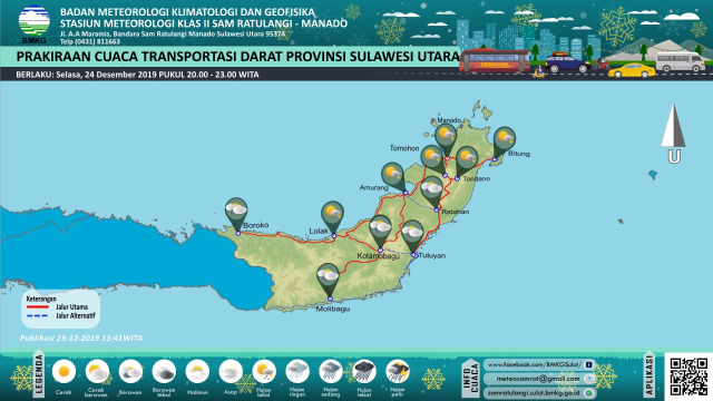 Peta prakiraan cuaca di Sulawesi Utara, Selasa (24/12) malam pukul 20.00-23.00 WITA