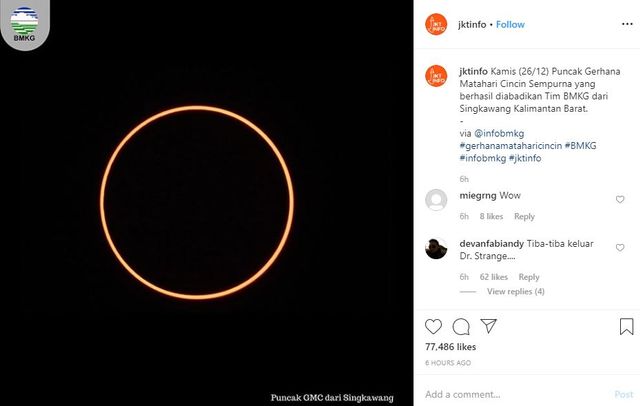 Gerhana matahari cincin (Sumber: layartangkap instagram bmkg)