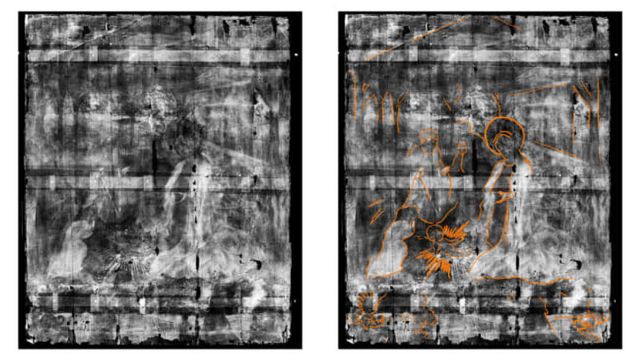 Hasil pemindaian X-ray mengungkap gambar lain di bawah lapisan cat, memperlihatkan adegan kelahiran. Foto: Northumbria University dan Bowes Museum