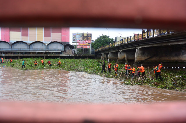Pasukan turbo membersihkan sampah enceng gondok dan dahan pohon di Sungai Martapura, bawah Jembatan Antasari, Banjarmasin pada Kamis (2/1). Foto: Syahbani/banjarhits.id