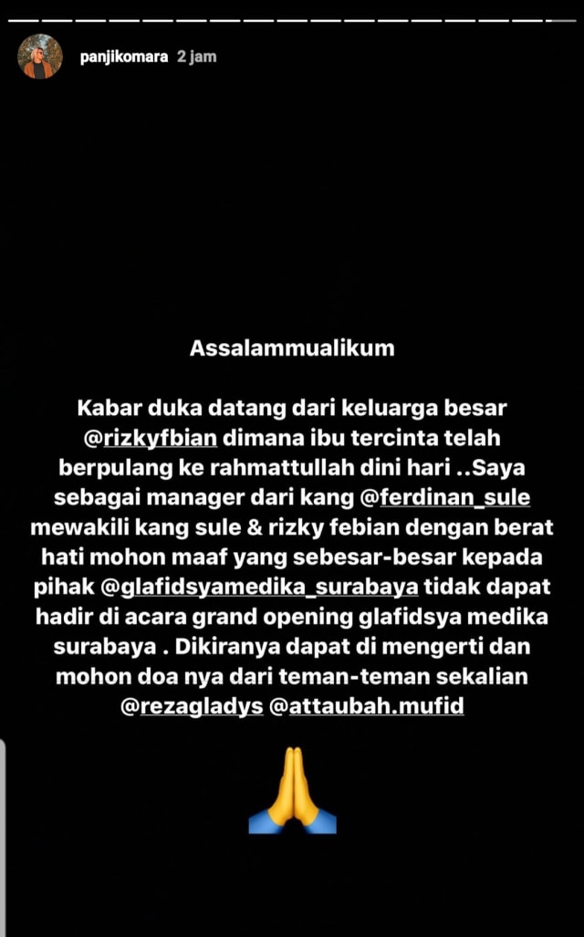 Screenshot kabar duka mantan istri sule meninggal