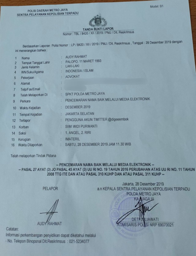 Surat laporan Pramugari Garuda Indonesia, Siwi Widi Purwanti