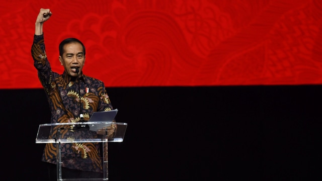 Presiden Joko Widodo menyampaikan sambutan dalam peresmian pembukaan Rapat Kerja Nasional (Rakernas) I PDI Perjuangan di Jakarta, Jumat (10/1/2020). Foto: ANTARA FOTO/Aditya Pradana Putra