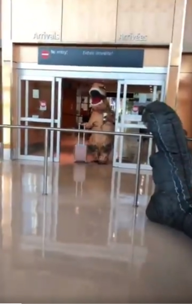 Seorang Nenek Tiba di Bandara Pakai Kostum T-Rex Demi Kagetkan Cucunya (23538)